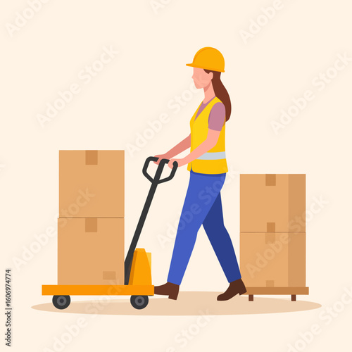 A woman wearing a hard hat and safety vest pulls a pallet jack loaded with cardboard boxes across a light background.