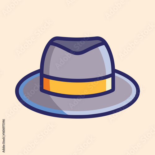Stylized gray fedora hat with yellow band and dark blue outline