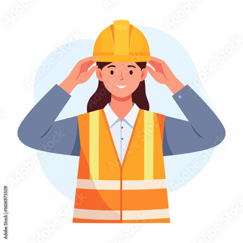 A smiling female engineer or construction worker puts on her yellow hard hat while wearing a safety vest.