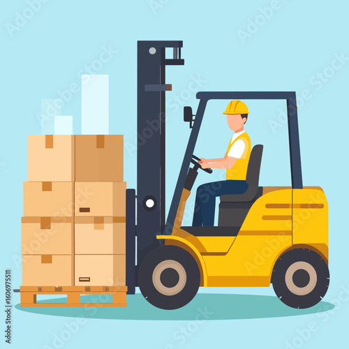 A worker in a yellow hard hat operates a forklift, lifting a stack of cardboard boxes on a wooden pallet.