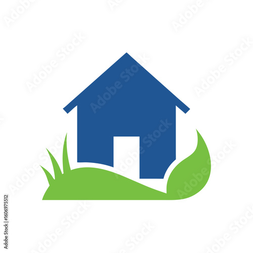 Modern blue house silhouette with green grass and leaf element
