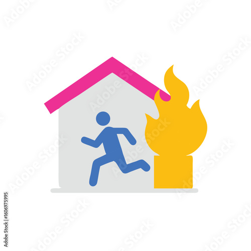 Silhouette of person running from burning house during emergency evacuation