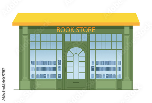 City book store exterior showcase with lots of books. Building facade. Book shop vector illustration.
