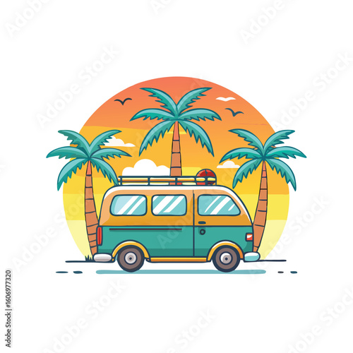 Retro camper van with palm trees and sunset on a tropical beach vacation