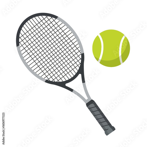 Modern tennis racket with a black and grey frame and a vibrant yellowgreen tennis ball.