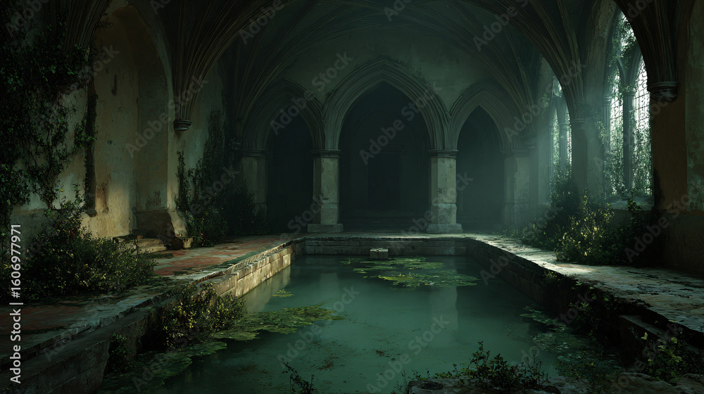 Naklejka premium Enchanted Abandoned Hall with Overgrown Vegetation and Still Water