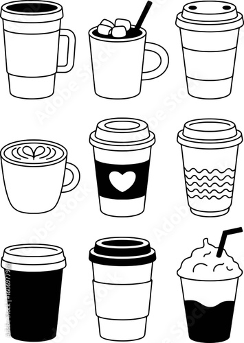 Various beverage cups with different designs and toppings coffee drink