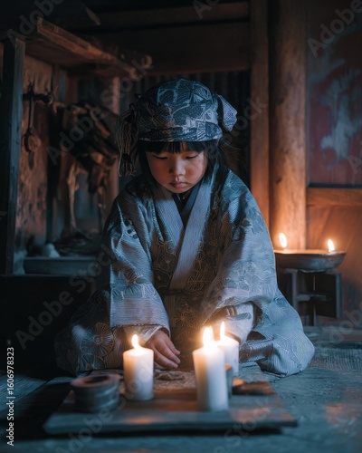 ainu child learning ritual dance, simple fabric robe, soft candlelight and wooden shrine mood