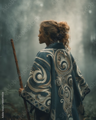 ainu shaman woman in ceremonial robe with swirling pattern, holding wooden staff, forest background with fog, soft spiritual tone