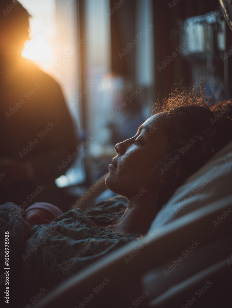 Woman resting on hospital bed with head turned, sunlight streaming through window during evening hours Woman resting on hospital bed with head turned, sunlight streaming through window during evening hours