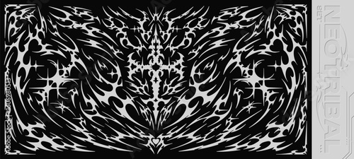 Neo tribal symmetrical frame. Sharp Y2K cyber sigilism design with heart, cross, stars, and liquid demon shapes. Vector set