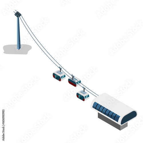Isometric Cable Car with Station and Gondolas – Winter Ski Lift Transport Illustration