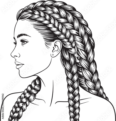 Sophisticated Woman with Braided Hair Profile View Line Art on Transparent Backdrop