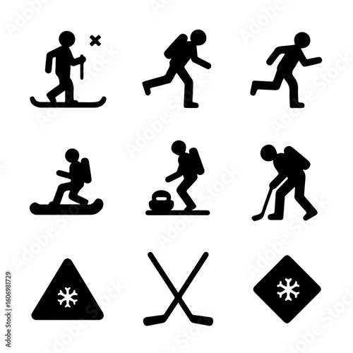 Winter Sports Icons. Solid style icons of winter sports: skier icon, snowboarder silhouette, ice skating icon, snowball fight
