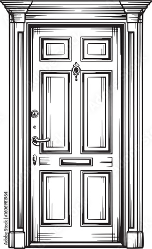 Detailed Sketch of a Classic Paneled Door with Ornate Frame and Hardware Illustration