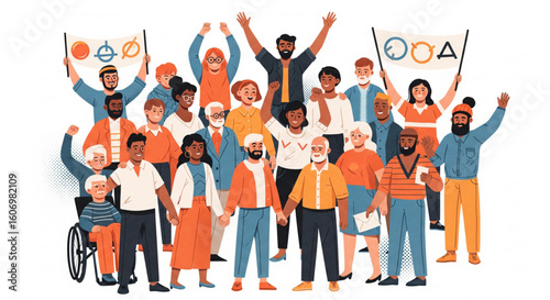  Vector illustration of a large, diverse community group celebrating together