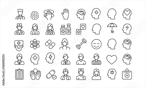Mental Health Medical Icon Set – Line Art Doctor Brain Wellness Symbols

