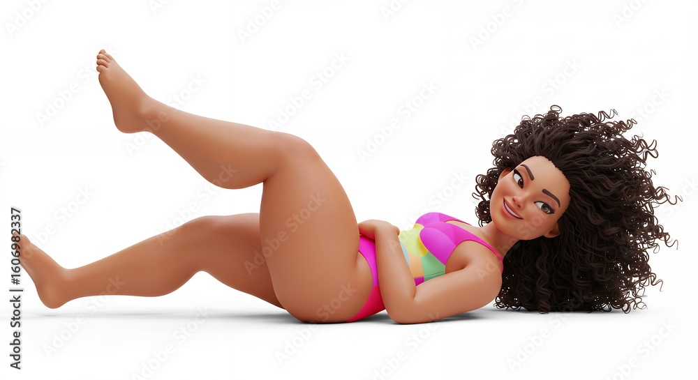 Fototapeta premium Plus size woman doing fitness exercise in colorful swimsuit