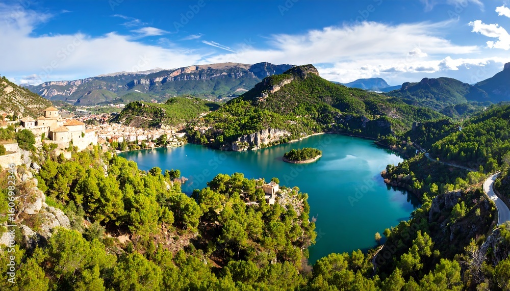 Fototapeta premium Panoramic view of a town nestled by a lake, surrounded by mountains