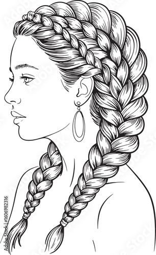 Elegant Woman with Intricate Braids Hairstyle Profile View Line Art on Transparent Background