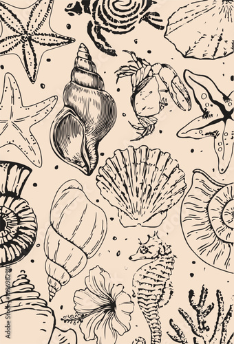 Retro hand drawn seashell mosaic seamless pattern set. Tropical summer background illustration. Vintage marine nature print. Patchwork style shell animal wallpaper texture collection.