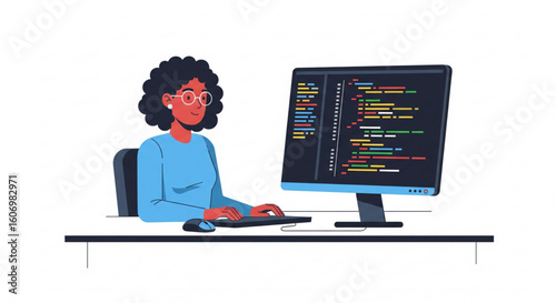 Vector illustration of a woman of color programmer coding at a desk.