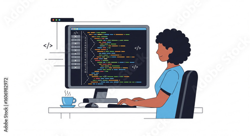 Vector illustration of a woman of color programmer coding at a desk.