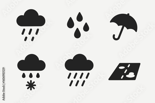 Weather symbols: rain clouds, umbrella, snowflake, and wet road icons