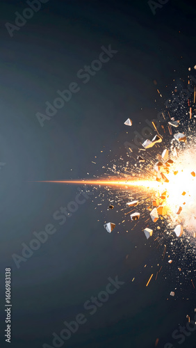 Intense Explosion with Luminous Flash and Flying Fragments on Dark Background