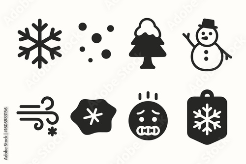 Winter holiday icons: snowflake, snowman, wind, and tree symbols