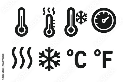 Temperature icons: thermometers, snowflakes, celsius, and fahrenheit symbols