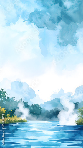 Tranquil River Landscape with Rising Smoke and Greenery
