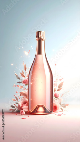Vibrant Champagne Bottle with Floral Backdrop and Confetti for Celebration
