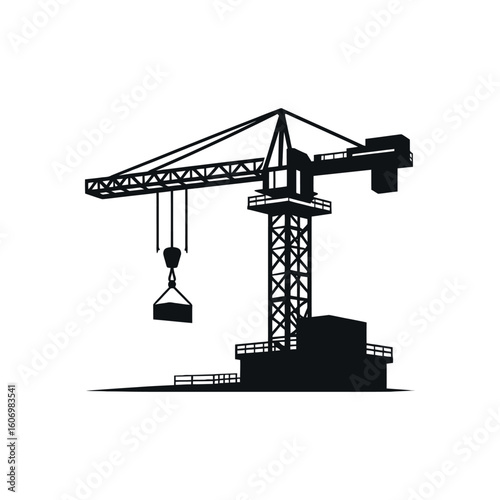tower crane on a construction site. A vector silhouette of heavy machinery for building and development projects. An industrial lifting symbol