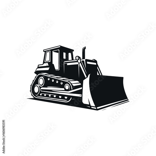 Bulldozer heavy equipment for construction. A powerful earthmoving tractor silhouette. Vector icon for building and excavation work