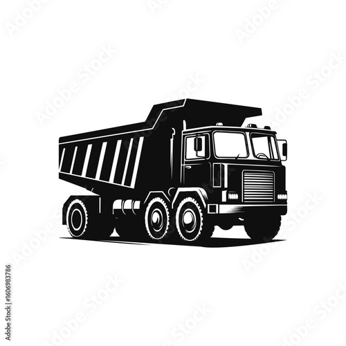 heavy dump truck used for construction and hauling. A powerful industrial vehicle silhouette. Vector icon for building and mining sites