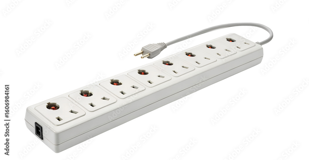 A white multi socket power strip with multiple universal outlets and an attached cord isolated on transparent background A white multi socket power strip with multiple universal outlets and an attached cord isolated on transparent background