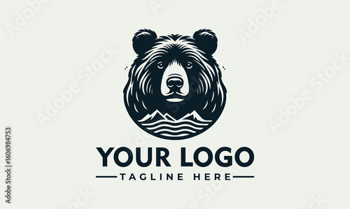 Detailed illustration of a bear head with mountains and water, suitable for a logo design.