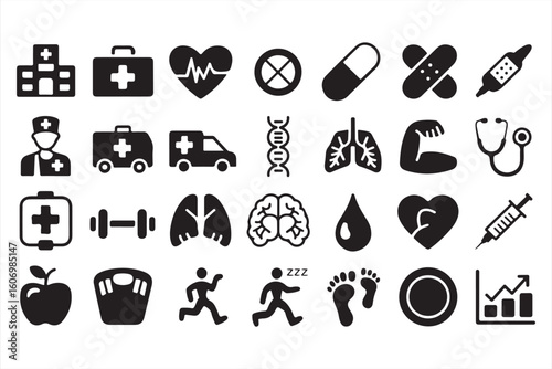 Icons for Fitness, Wellness, and Medical Care in Minimalist Black and White