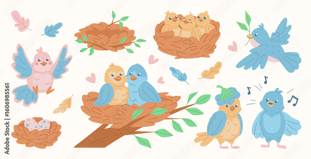 Obraz premium Cute cartoon birds and nests illustration set