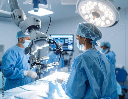 Surgical Precision: A surgical team in a sterile operating room uses advanced robotic surgical equipment during a delicate operation.