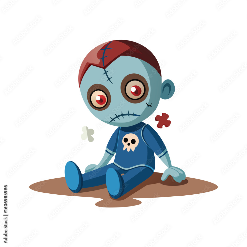 Fototapeta premium Sad sitting cartoon zombie with stitches and a puzzle piece missing, isolated on white background