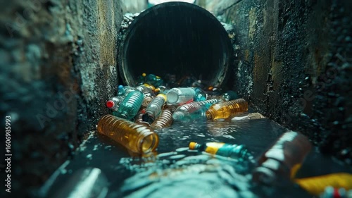 Polluted drain Plastic bottles choke a concrete pipe with dirty water