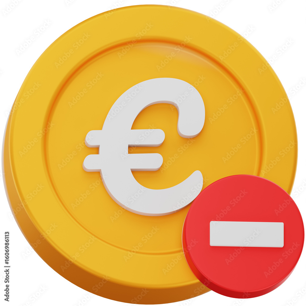 Obraz premium 3D Render Euro Coin with Negative Symbol Financial Decline