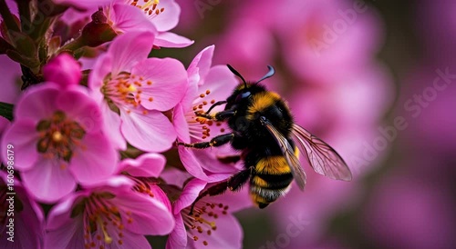 A bee on a cluster of pink blossoms