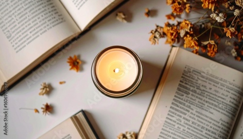 開いた本とドライフラワー、灯るキャンドルが並ぶ落ち着いた読書風景のベクターイラスト素材｜本,読書,キャンドル,ドライフラワー,炎,静けさ,香り