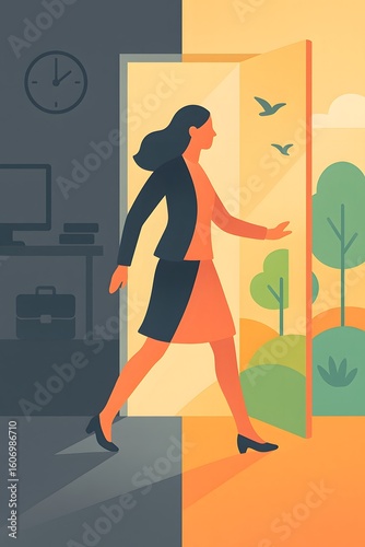 Businesswoman leaving office for nature — symbol of career change, work-life balance, mental freedom and personal growth in a modern flat vector illustration