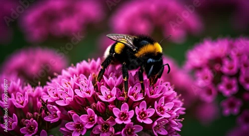 A bee on a vibrant cluster of pink flowers