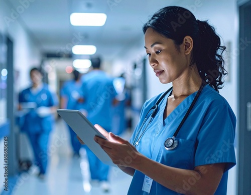 Healthcare Professional reviewing patient chart in Hospital corridor: A dedicated healthcare professional immersed in her work, reviewing patient data on a digital tablet.