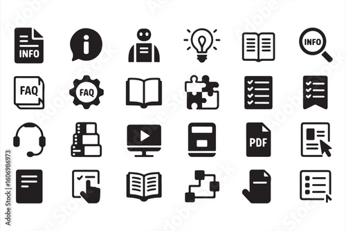 Set of Black and White Information and Document Icons for Digital Media and Help Desks